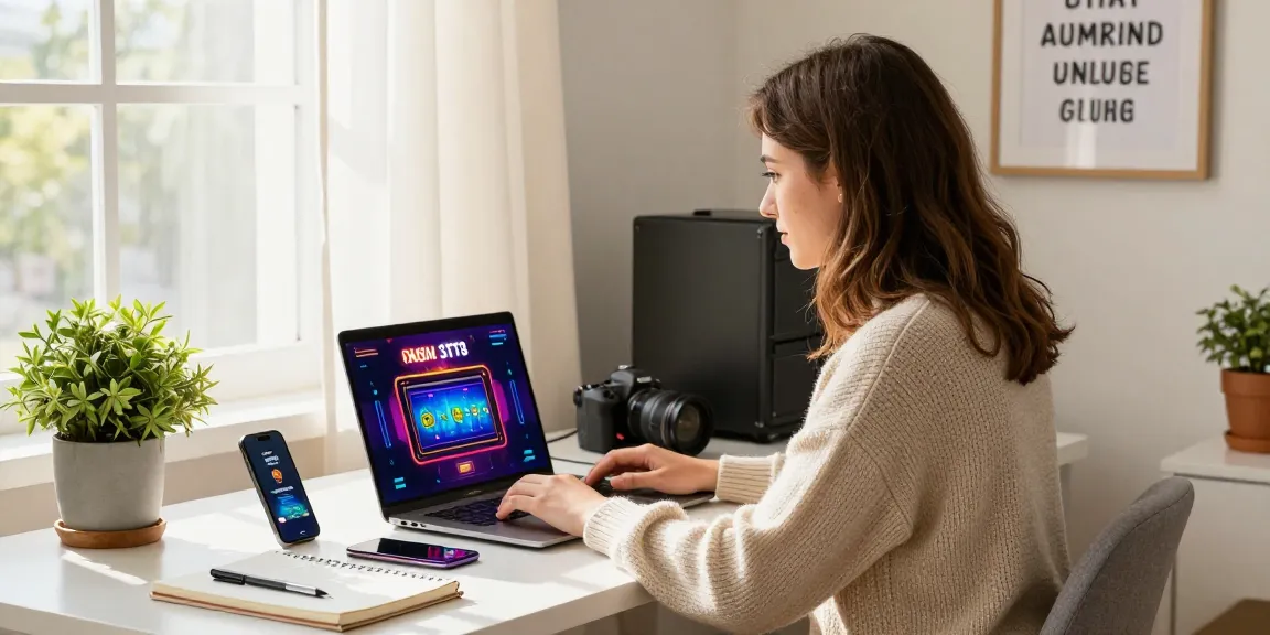 Engaged woman working on online slot game during a bright afternoon.