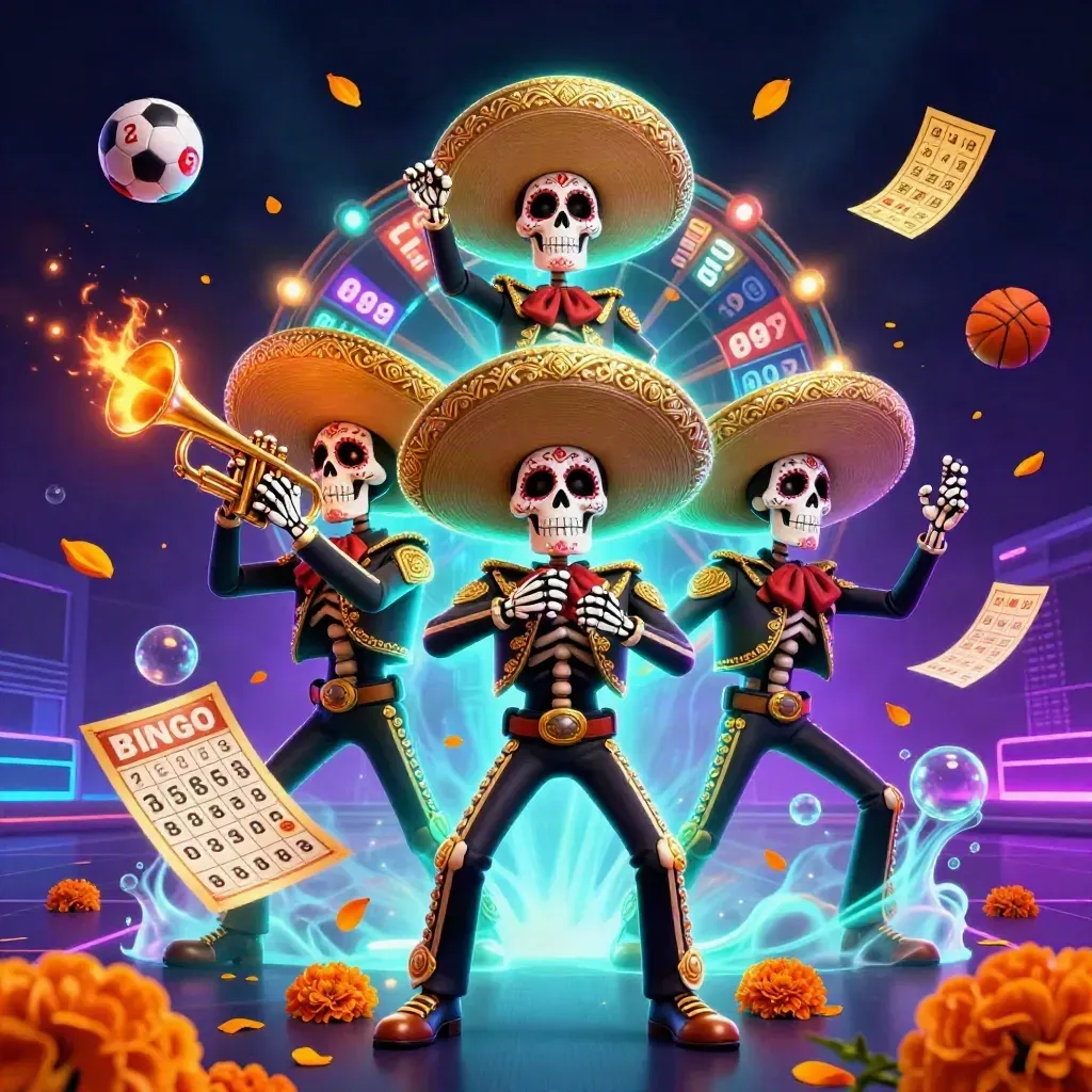 Three skeleton mariachi performers amid casino and sports-betting icons in cyan-gold neon.