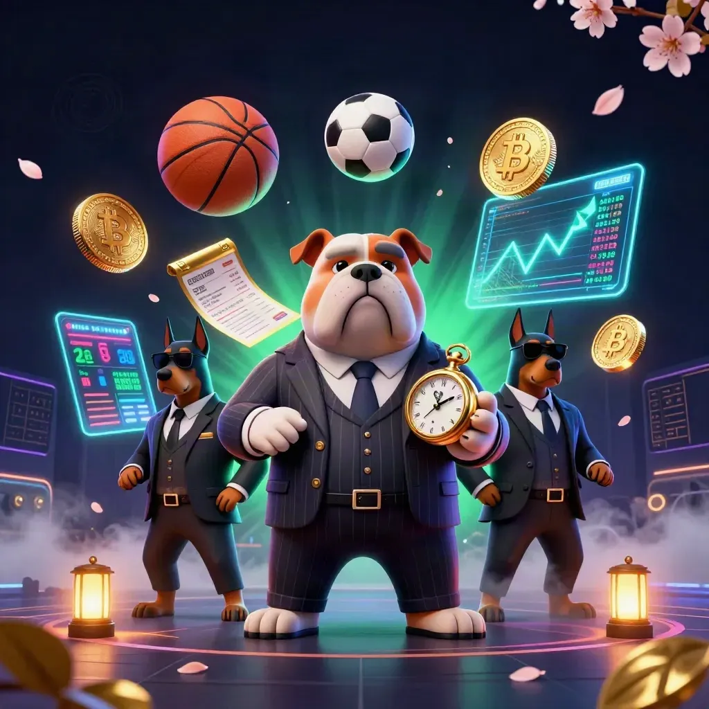 Cartoon bulldog mob boss with Dobermans, betting tokens, and sports balls in neon casino light.