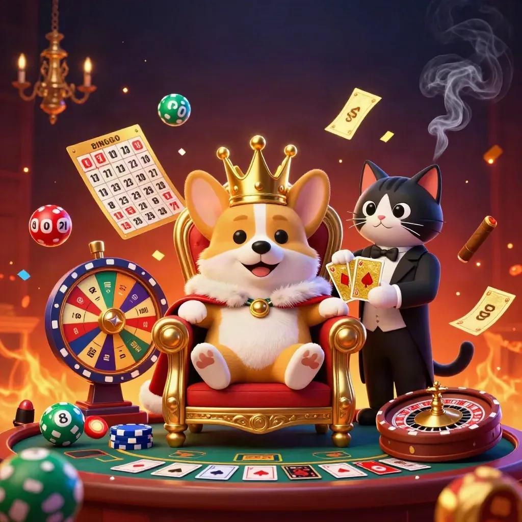 Royal corgi and cat butler in a glowing casino scene with spinning wheel, balls, and gold tickets