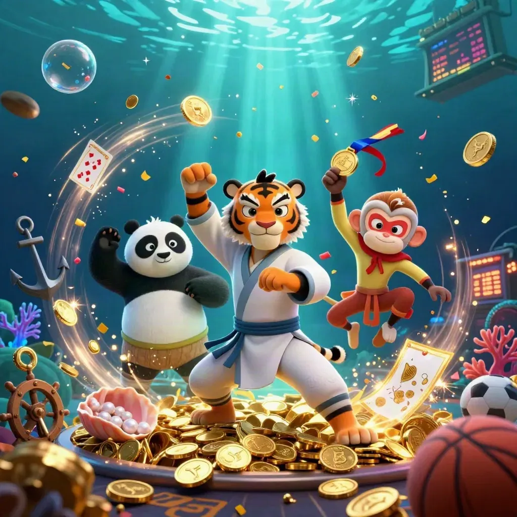 Kung-fu tiger, panda, and monkey in an underwater treasure burst with coins and neon casino lights.