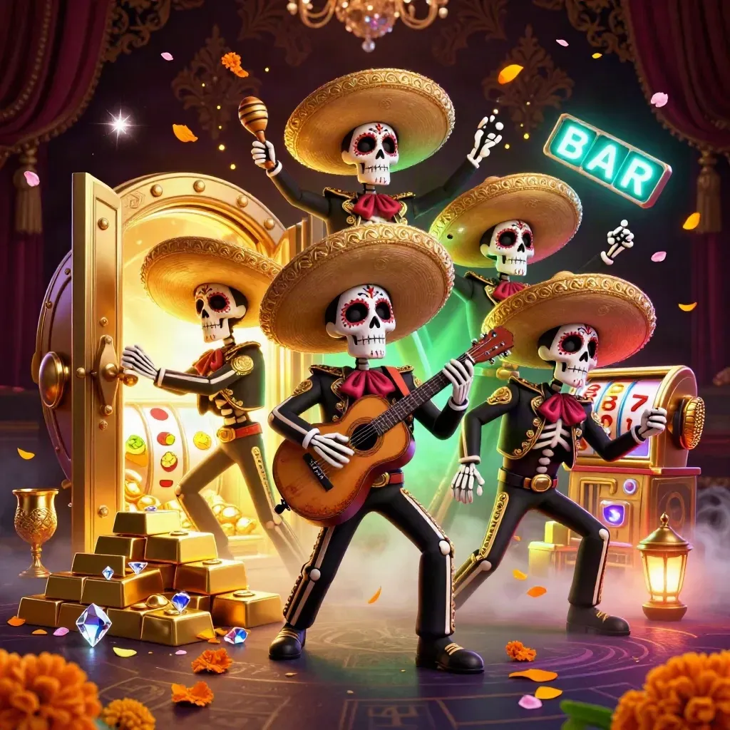Skeleton mariachi trio bursts from an open vault amid gold, gems, petals, and casino symbols